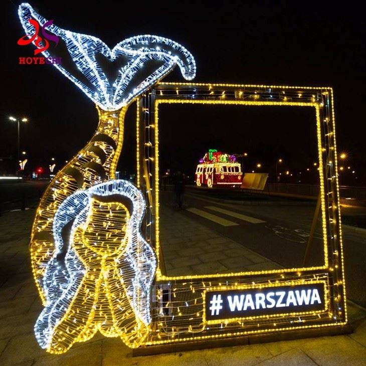 Hoyechi Giant Mermaid Shape Iron Photo Frame Sculpture Motif Light For Scenic Area Visitor Interaction